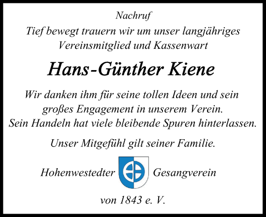Traueranzeige von Hans-Günther Kiene von Schleswig-Holsteinische Landeszeitung