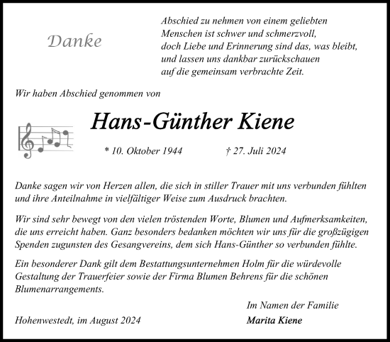 Traueranzeige von Hans-Günther Kiene von Schleswig-Holsteinische Landeszeitung