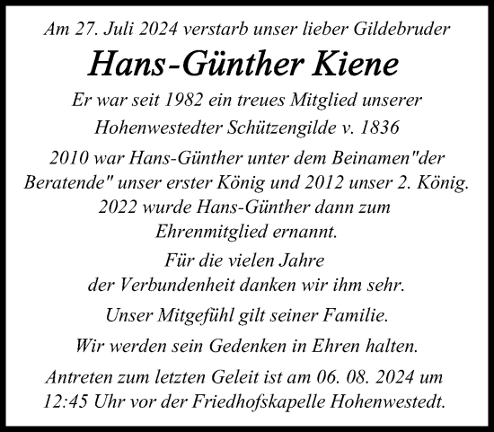 Traueranzeige von Hans-Günther Kiene von Schleswig-Holsteinische Landeszeitung