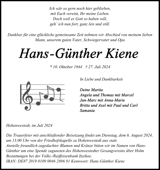 Traueranzeige von Hans-Günther Kiene von Schleswig-Holsteinische Landeszeitung