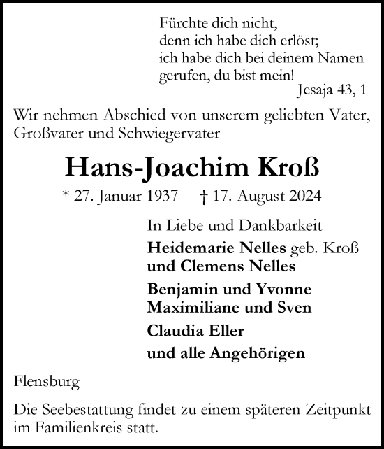 Traueranzeige von Hans-Joachim Kroß von Flensburger Tageblatt