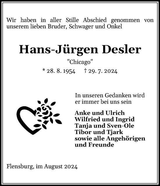 Traueranzeige von Hans-Jürgen Desler von Flensburger Tageblatt