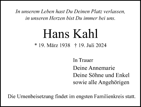 Traueranzeige von Hans Kahl von Stormaner Tageblatt