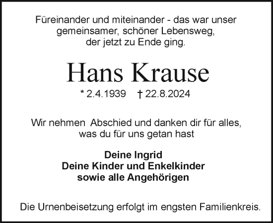 Traueranzeige von Hans Krause von Holsteinischer Courier