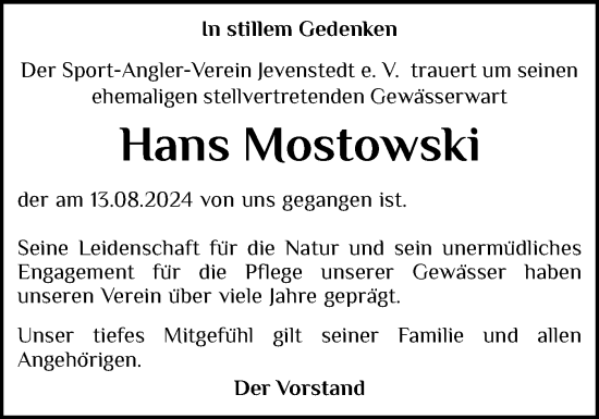 Traueranzeige von Hans Mostowski von Schleswig-Holsteinische Landeszeitung