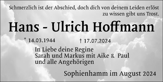 Traueranzeige von Hans-Ulrich Hoffmann von Schleswig-Holsteinische Landeszeitung