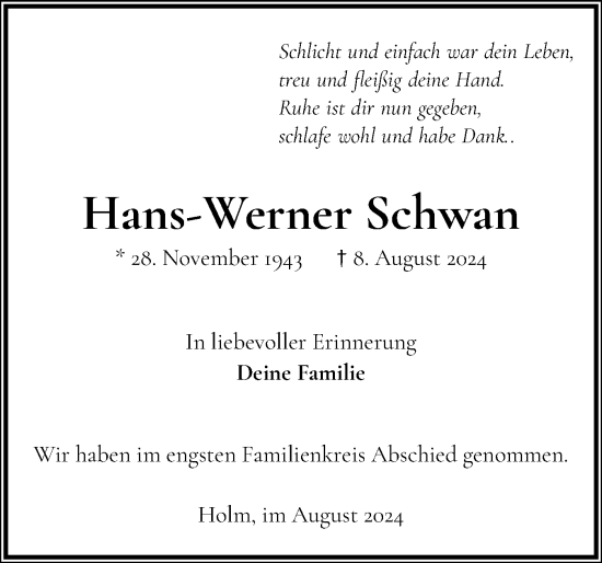 Traueranzeige von Hans-Werner Schwan von Wedel-Schulauer Tageblatt, tip Wedel-Schulauer Tageblatt, tip Rissener Rundschau
