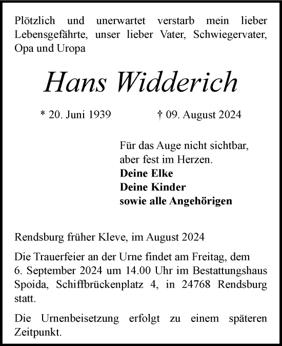 Traueranzeige von Hans Widderich von Norddeutsche Rundschau, Wilstersche Zeitung, Glückstädter Fortuna