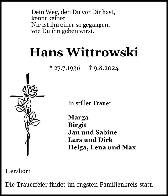 Traueranzeige von Hans Wittrowski von Norddeutsche Rundschau, Wilstersche Zeitung, Glückstädter Fortuna