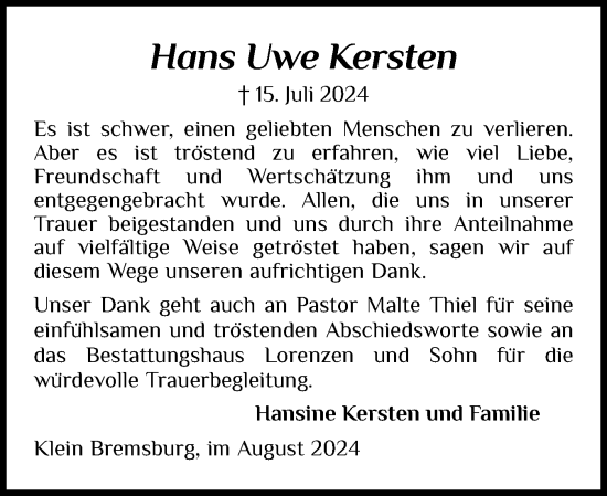 Traueranzeige von Hans Uwe Kersten von Region Flensburg