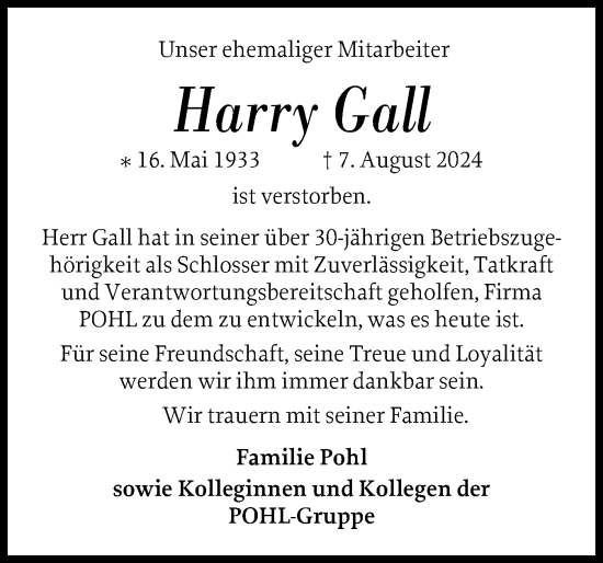 Traueranzeige von Harry Gall von Schleswig-Holsteinische Landeszeitung