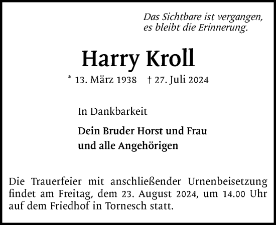 Traueranzeige von Harry Kroll von Uetersener Nachrichten, Der tip am Wochenende