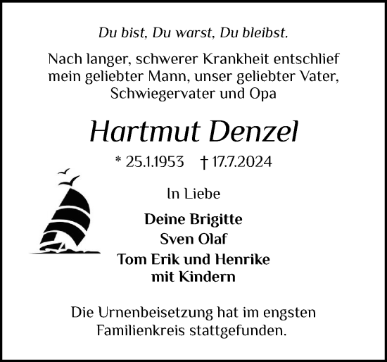 Traueranzeige von Hartmut Denzel von Schleswiger Nachrichten, Schlei-Bote