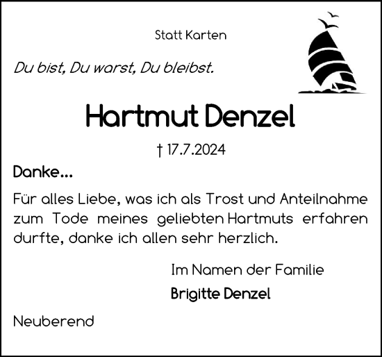 Traueranzeige von Hartmut Denzel von Schleswiger Nachrichten, Schlei-Bote