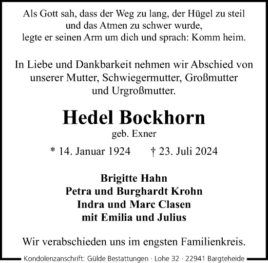 Traueranzeige von Hedel Bockhorn von Stormaner Tageblatt