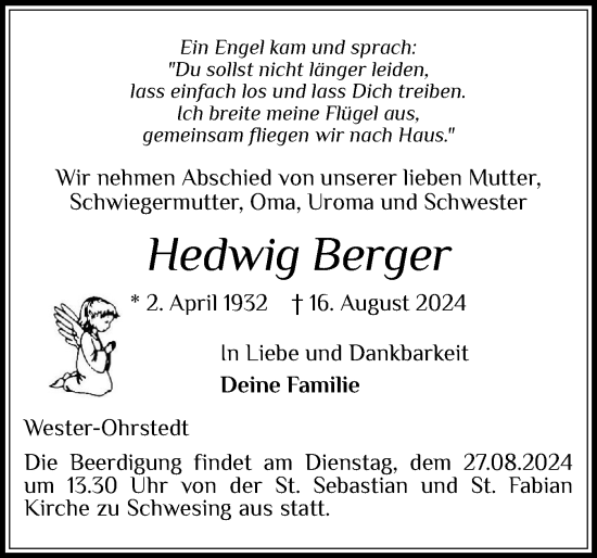 Traueranzeige von Hedwig Berger von Husumer Nachrichten, Nordfriesland Tageblatt