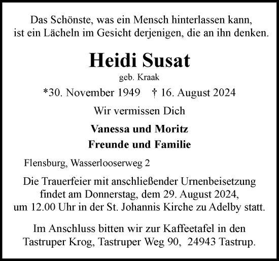 Traueranzeige von Heidi Susat von Flensburger Tageblatt