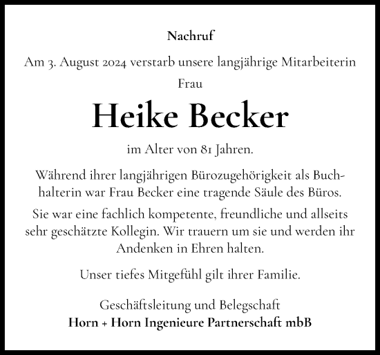 Traueranzeige von Heike Becker von Holsteinischer Courier