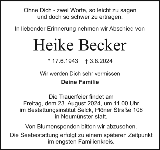 Traueranzeige von Heike Becker von Holsteinischer Courier