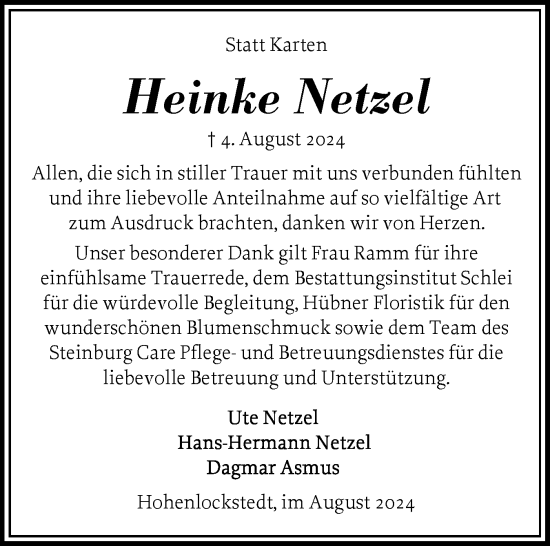 Traueranzeige von Heinke Netzel von Norddeutsche Rundschau, Wilstersche Zeitung, Glückstädter Fortuna