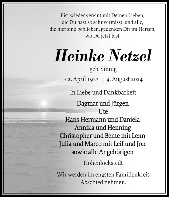 Traueranzeige von Heinke Netzel von Norddeutsche Rundschau, Wilstersche Zeitung, Glückstädter Fortuna