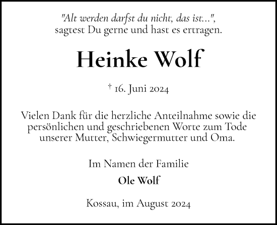 Traueranzeige von Heinke Wolf von Ostholsteiner Anzeiger