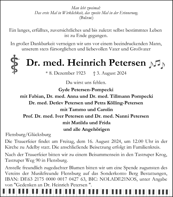 Traueranzeige von Heinrich Petersen von Flensburger Tageblatt