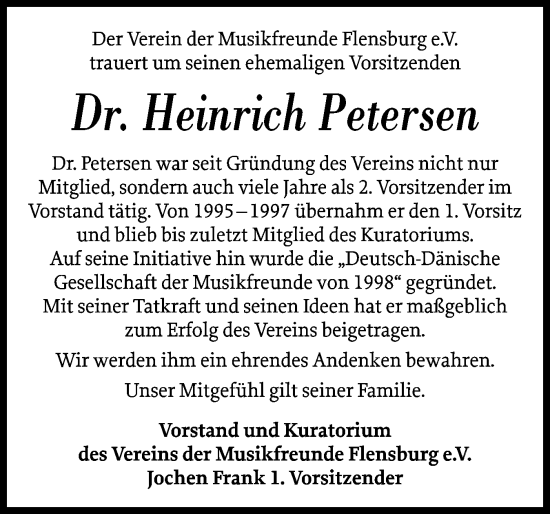 Traueranzeige von Heinrich Petersen von Flensburger Tageblatt