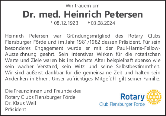Traueranzeige von Heinrich Petersen von Flensburger Tageblatt