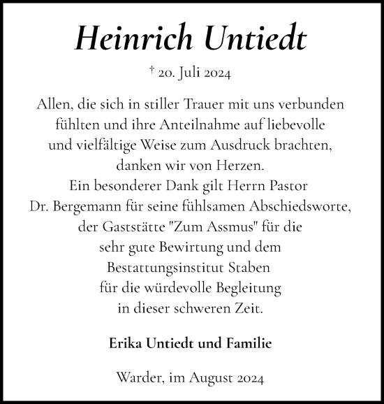 Traueranzeige von Heinrich Untiedt von Schleswig-Holsteinische Landeszeitung