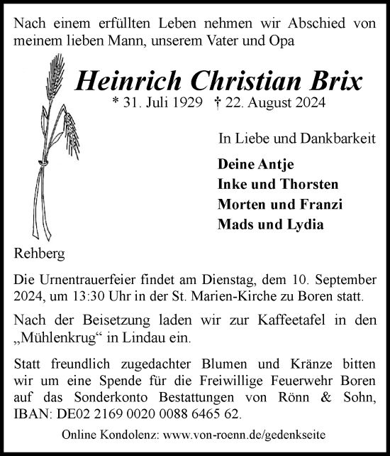 Traueranzeige von Heinrich Christian Brix von Schleswiger Nachrichten, Schlei-Bote