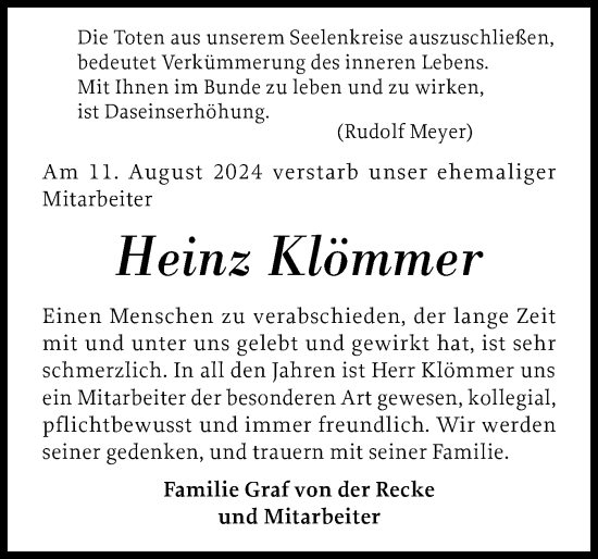 Traueranzeige von Heinz Klömmer von Husumer Nachrichten, Nordfriesland Tageblatt