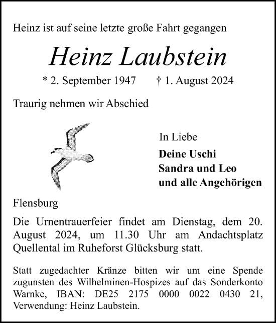 Traueranzeige von Heinz Laubstein von Flensburger Tageblatt