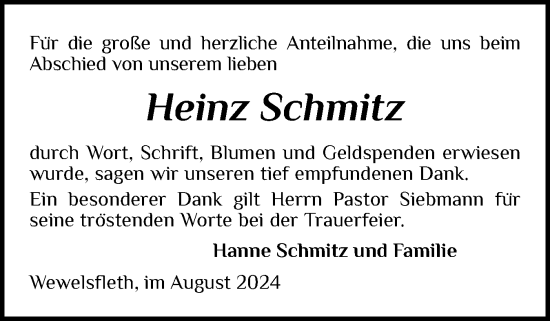 Traueranzeige von Heinz Schmitz von Norddeutsche Rundschau, Wilstersche Zeitung, Glückstädter Fortuna
