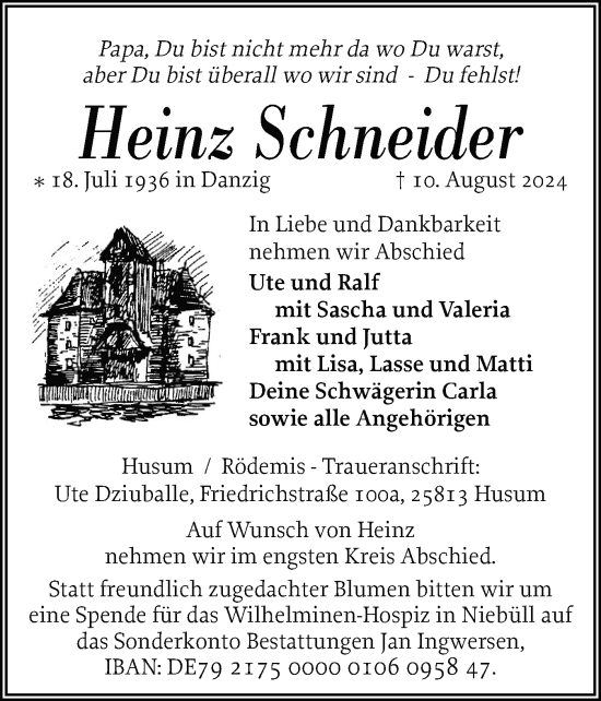 Traueranzeige von Heinz Schneider von Husumer Nachrichten, Nordfriesland Tageblatt