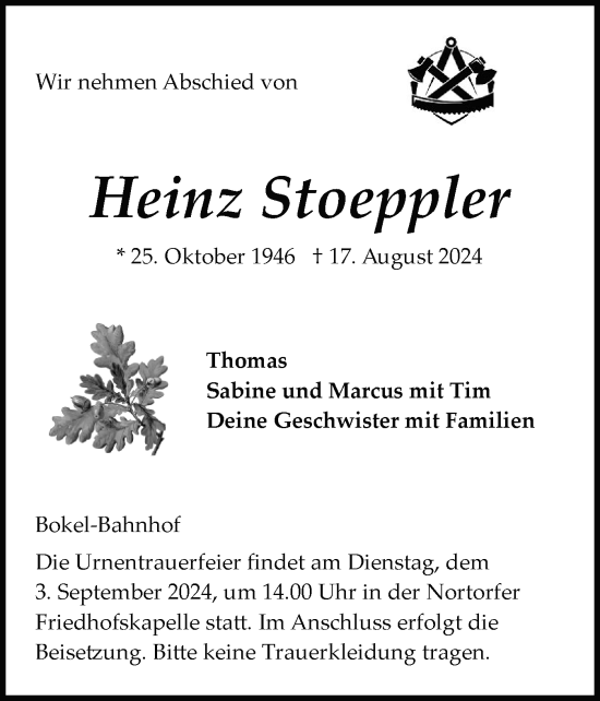 Traueranzeige von Heinz Stoeppler von Schleswig-Holsteinische Landeszeitung