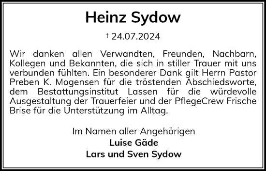 Traueranzeige von Heinz Sydow von Flensburger Tageblatt, Schleswiger Nachrichten, Schlei-Bote