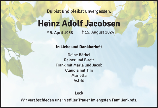 Traueranzeige von Heinz Adolf Jacobsen von Husumer Nachrichten, Nordfriesland Tageblatt