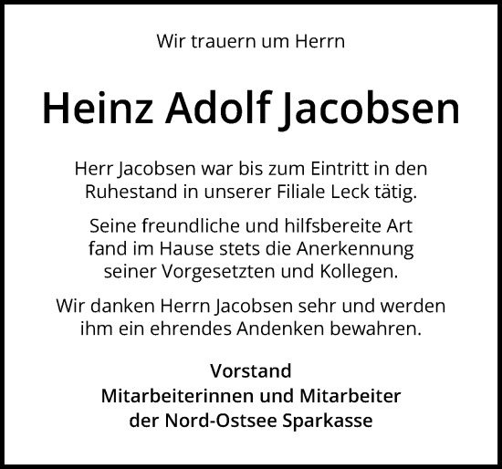 Traueranzeige von Heinz Adolf Jacobsen von Husumer Nachrichten, Nordfriesland Tageblatt