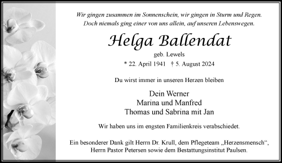 Traueranzeige von Helga Ballendat von Stormaner Tageblatt