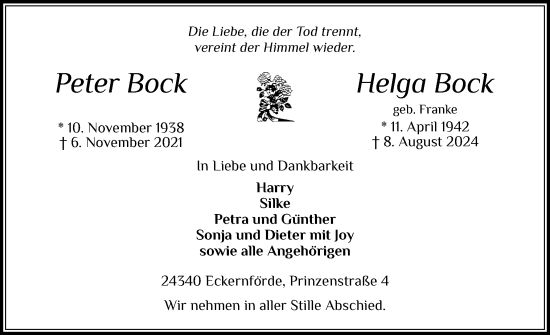Traueranzeige von Helga Bock von Eckernförder Zeitung, Hallo Eckernförde