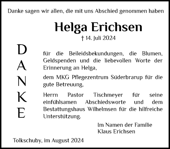 Traueranzeige von Helga Erichsen von Schleswiger Nachrichten, Schlei-Bote