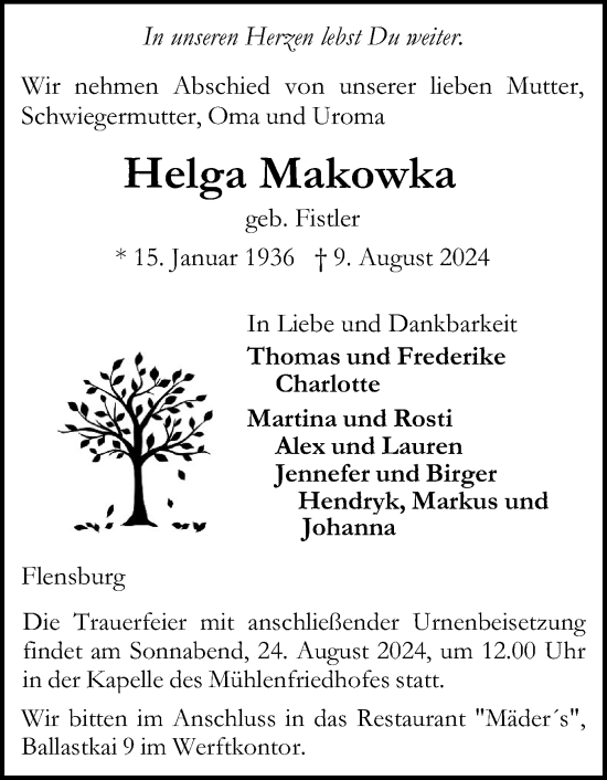 Traueranzeige von Helga Makowka von Flensburger Tageblatt