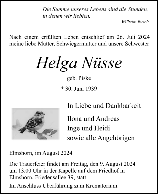 Traueranzeige von Helga Nüsse von Elmshorner Nachrichten, Barmstedter Zeitung