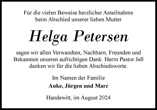 Traueranzeige von Helga Petersen von Flensburger Tageblatt