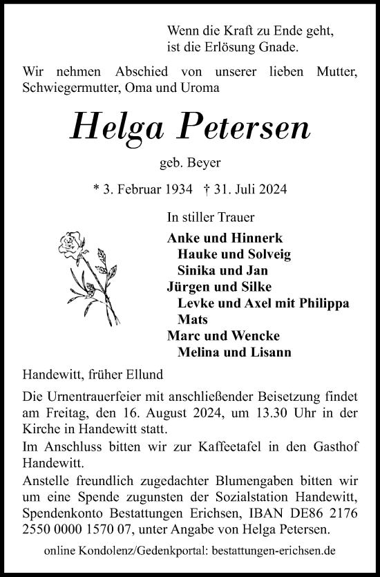 Traueranzeige von Helga Petersen von Flensburger Tageblatt