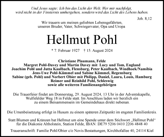 Traueranzeige von Hellmut Pohl von Region Flensburg