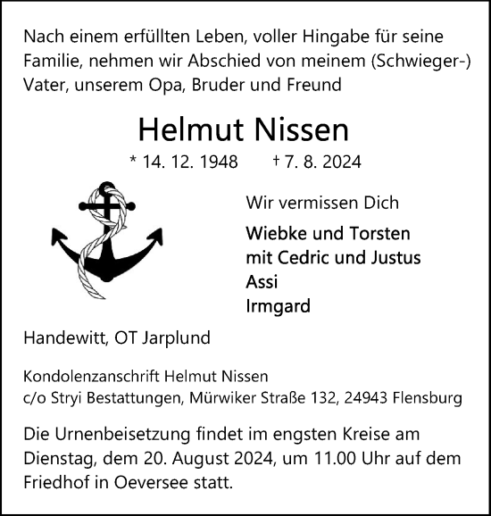 Traueranzeige von Helmut Nissen von Flensburger Tageblatt