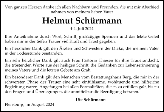 Traueranzeige von Helmut Schürmann von Flensburger Tageblatt