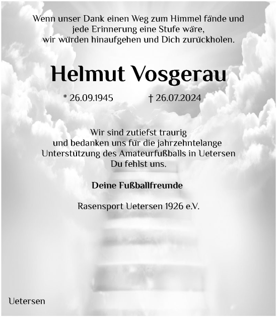 Traueranzeige von Helmut Vosgerau von Uetersener Nachrichten, Der tip am Wochenende